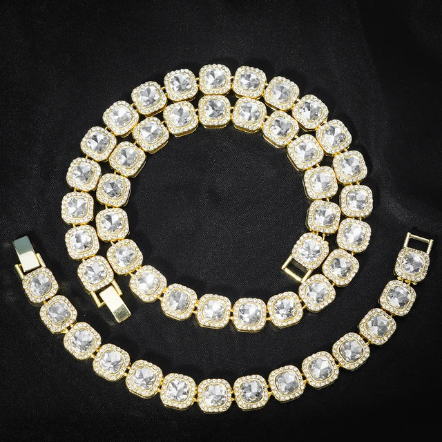 Cadena Tennis Cuadrada Iced Out Dorada 10mm – Collar Hip Hop Hombre | PRÉNDELAX