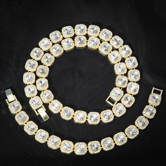 Cadena Tennis Cuadrada Iced Out Dorada 10mm – Collar Hip Hop Hombre | PRÉNDELAX