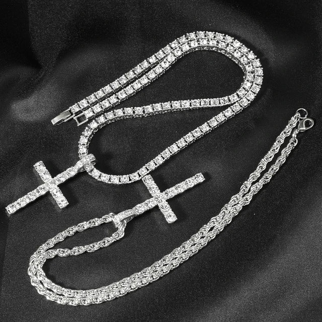 Set Cadena Tennis 4mm Plata con Dije de Cruz Iced Out – Hombre | PRÉNDELAX