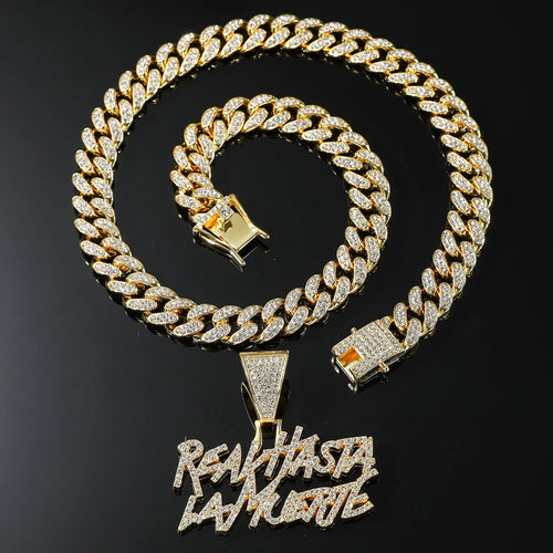 Cadena cubana con dije de letras 13mm hip hop iced out